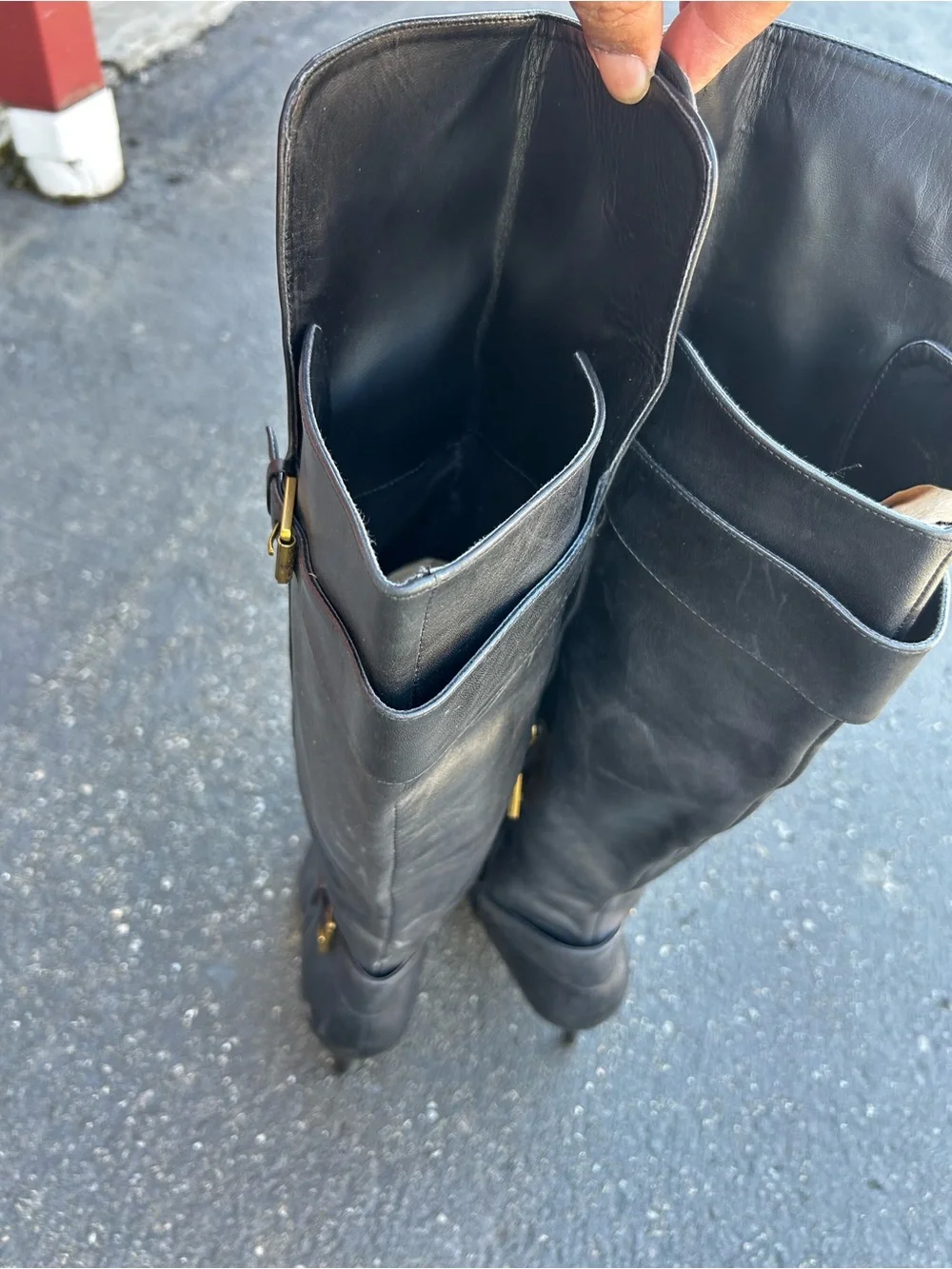 Lauren Ralph Lauren Black Leather Knee-High Boots with Gold Buckles Size 8B